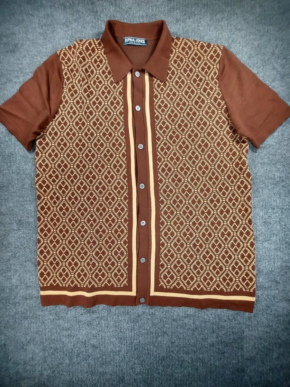 PJ Paul Jones Men L Knit Polo Shirt 70s Vintage Retro Mod Geometric Brown Cream